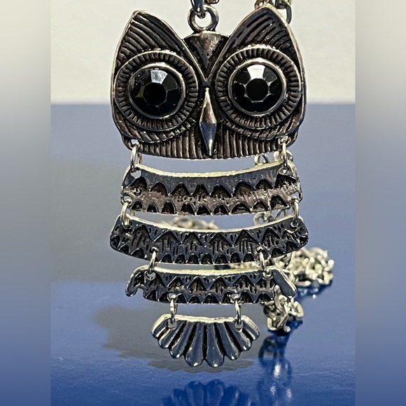 Articulated Owl Bird Pendant Necklace Black Eyes Silver 31” Vintage 80s 90s - Picture 3 of 5